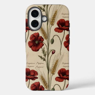Vintage Botanische Mohn-Schrift – Antikes Rot iPhone 16 Hülle