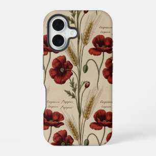 Vintage Botanische Mohn-Schrift – Antikes Rot iPhone 16 Hülle