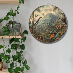 Vintage botanische Papageienlandschaft und Blume Dartscheibe