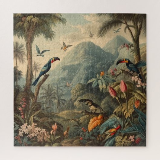 Vintage botanische Papageienlandschaft und Blume Puzzle (Vertikal)