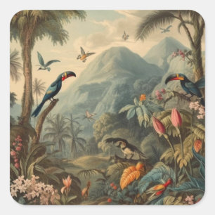 Vintage botanische Papageienlandschaft und Blume Quadratischer Aufkleber
