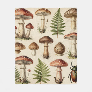 Vintage botanische Pilz-Farn-Collage Fleecedecke