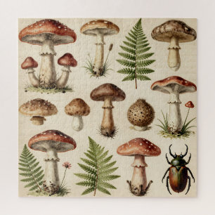 Vintage botanische Pilz-Farn-Collage Puzzle