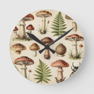 Vintage botanische Pilz-Farn-Collage Runde Wanduhr