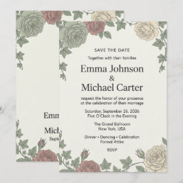 Vintage Botanische Rose & Efeu Hochzeit Save the D Date