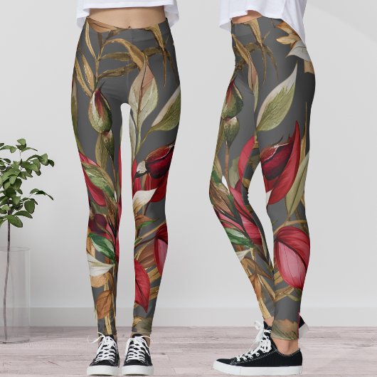 Vintage botanische Rose und Palm-Blätter Grau Leggings