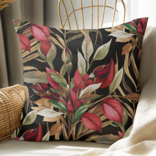 Vintage botanische Rose und Palmenblätter, schwarz Kissen