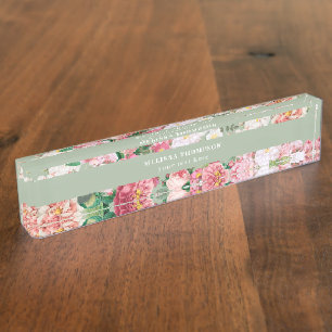 Vintage Botanische Rosen Pastellgrün & Rosa   Namensplakette