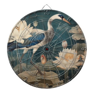 Vintage botanische Szene blaue Kraniche und Lotus Dartscheibe