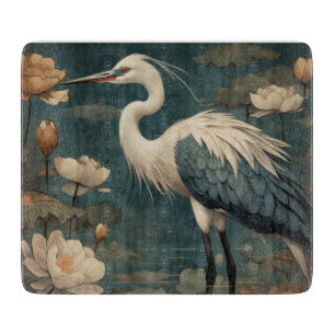 Vintage botanische Szene blaue Kraniche und Lotus Schneidebrett