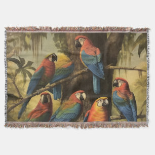 Vintage botanische Szene bunte Papageien in einem  Decke