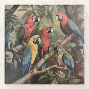 Vintage botanische Szene bunte Papageien in einem  Glasuntersetzer