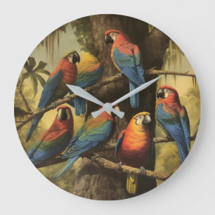 Vintage botanische Szene bunte Papageien in einem  Große Wanduhr