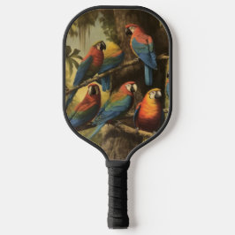 Vintage botanische Szene bunte Papageien in einem  Pickleball Schläger