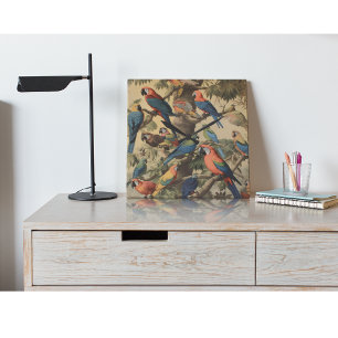 Vintage botanische Szene bunte Papageien in einem  Quadratische Wanduhr