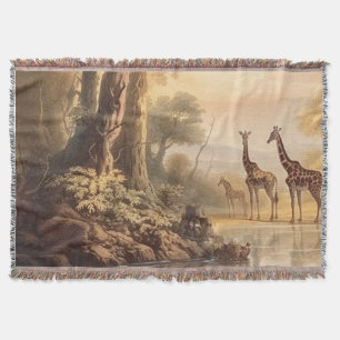 Vintage botanische Szene mit Giraffen am Fluss Decke