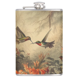 Vintage botanische Szene mit Kolibris und Blumen Flachmann