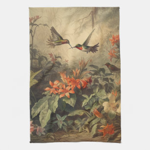 Vintage botanische Szene mit Kolibris und Blumen Geschirrtuch