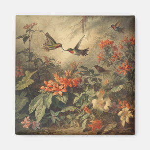 Vintage botanische Szene mit Kolibris und Blumen Magnet