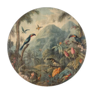 Vintage botanische Szene mit Tukanen und Blumen Schneidebrett