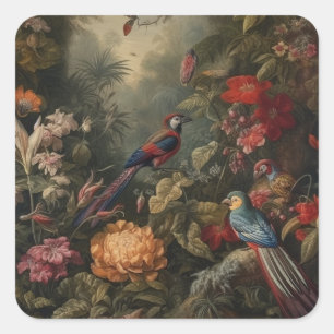 Vintage botanische Szene Vögel Blumen im Paradies Quadratischer Aufkleber