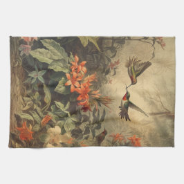 Vintage botanische Szene von Kolibris und Blume Geschirrtuch