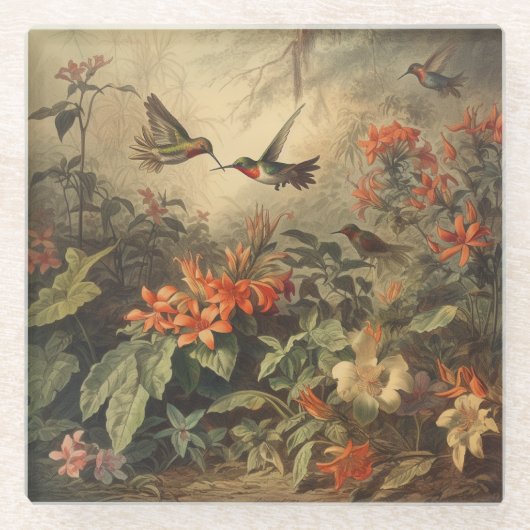 Vintage botanische Szene von Kolibris und Blume Glasuntersetzer (Vorderseite)