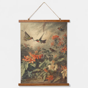 Vintage botanische Szene von Kolibris und Blume Wandteppich Mit Holzrahmen