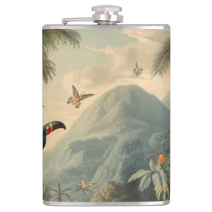Vintage botanische Szene von Toucans und Blume Flachmann