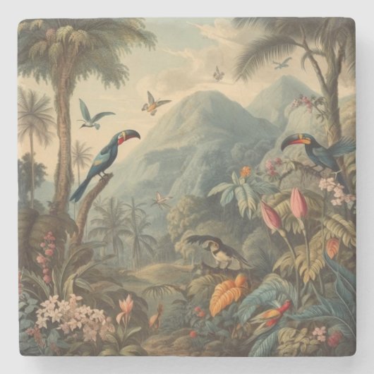 Vintage botanische Szene von Toucans und Blume Steinuntersetzer (Vorderseite)