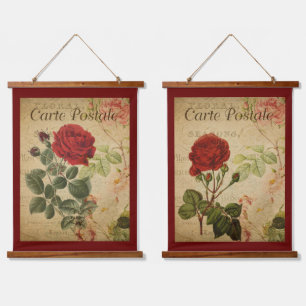 Vintage botanische Tapisserien - Rote Rose Wandteppich Mit Holzrahmen