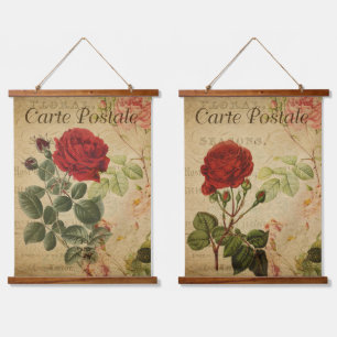 Vintage botanische Tapisserien - Rote Rose Wandteppich Mit Holzrahmen