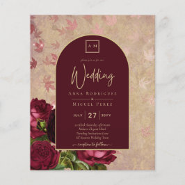 Vintage botanische tiefe Rote Rosen Hochzeitsgold Flyer