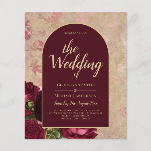 Vintage botanische tiefe Rote Rosen Hochzeitsgold Flyer (Vorne)