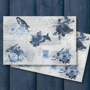Vintage botanische Vögel Blaue Blumen Decoupage Ti Seidenpapier