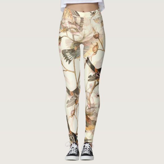 Vintage Botanische Vögel Leggings (Vorderseite)