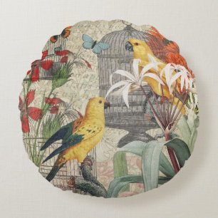 Vintage Botanische Vogel Natur Antiquität Tropisch Rundes Kissen