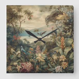 Vintage botanische Vogelarten Blume im Paradies Quadratische Wanduhr