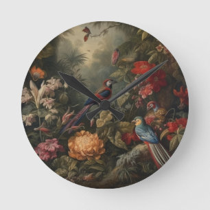 Vintage botanische Vogelarten Blume im Paradies Runde Wanduhr