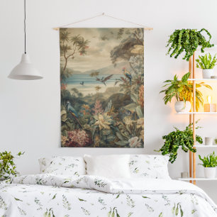 Vintage botanische Vogelarten Blume im Paradies Wandteppich Mit Holzrahmen