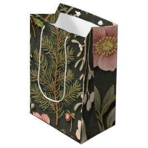 Vintage Botanische Weihnachten Tief Burgundergrün Mittlere Geschenktüte