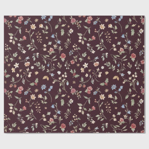 Vintage botanische Weihnachtsblumen in Burgunderro Geschenkpapier