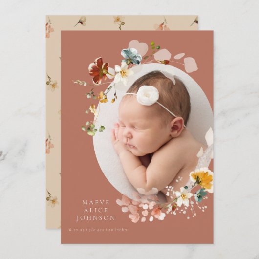 Vintage botanische Wildblume Geburtsankündigung Einladung (Vorne/Hinten)