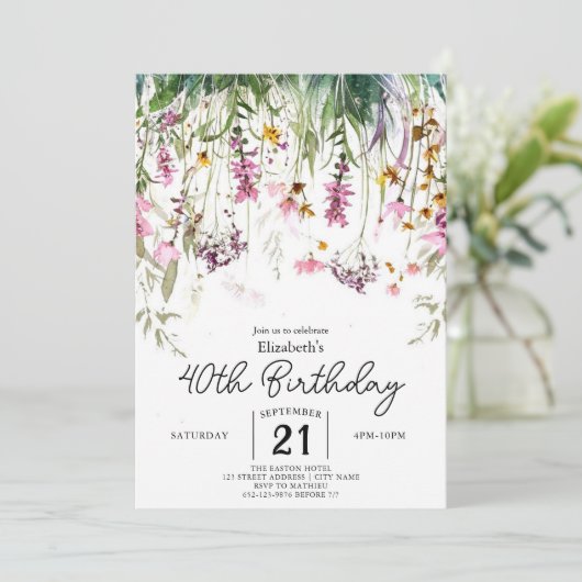 Vintage botanische Wildblumen 40. Einladung (Stehend Vorderseite)