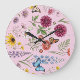 Vintage botanische Wildblumen- und Schmetterlingsm Große Wanduhr