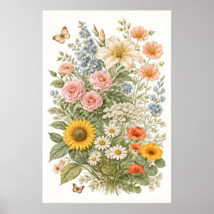Vintage-Botanische-Wildblumengarten-Illustration A Poster