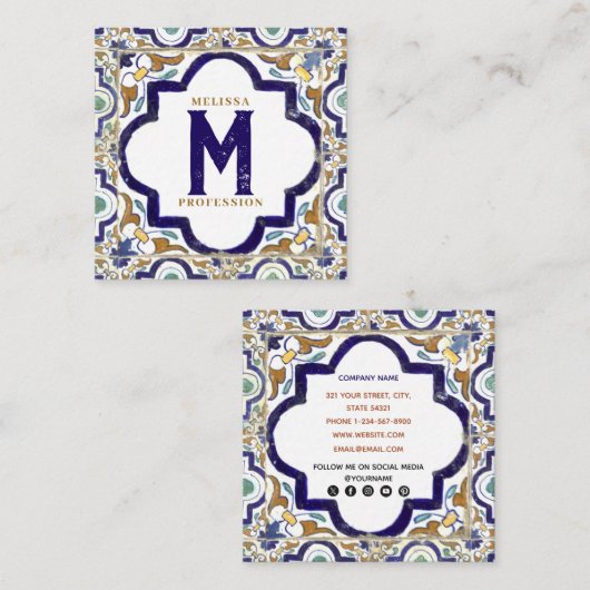 Vintage botanische Zierfliesen, soziale Medien Quadratische Visitenkarte (Vorne/Hinten)