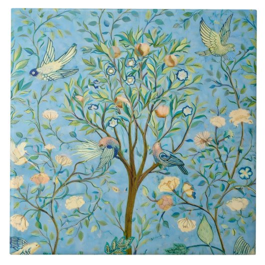 Vintage-Botanischer Baum des Lebens mit Vögeln  Fliese (Vorderseite)