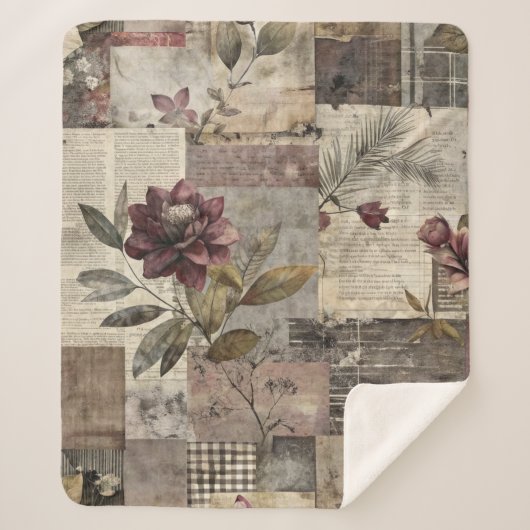 Vintage Botanischer Patchwork Rustikal (1) Sherpadecke (Vorderseite)