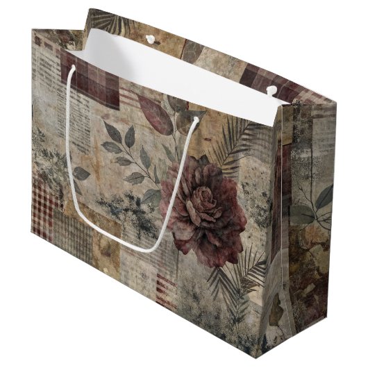 Vintage Botanischer Patchwork Rustikal (2) Große Geschenktüte (Vorderseite Schrägansicht)
